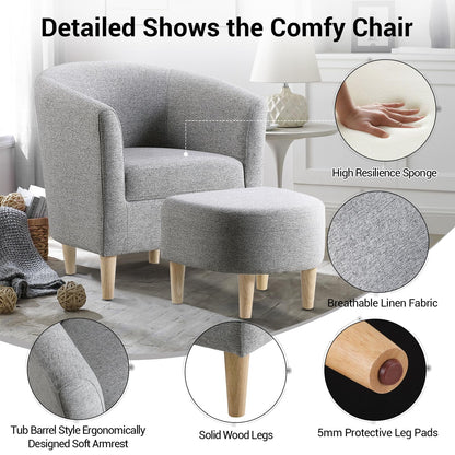 Lohoms Accent Arm Chair With Ottoman Set, Modern Home Leisure Chair with Footrest, Comfy Upholstered Armchair Single Sofa, Reading Chair with Solid Wood Legs for Living Room Bedroom, Gray