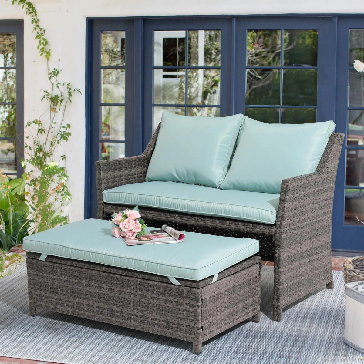 Outdoor Wicker Love Seat and Coffee Table Set, Weather Resistant Grey Rattan, Patio Furniture with Gray Cushions & Storage Bin