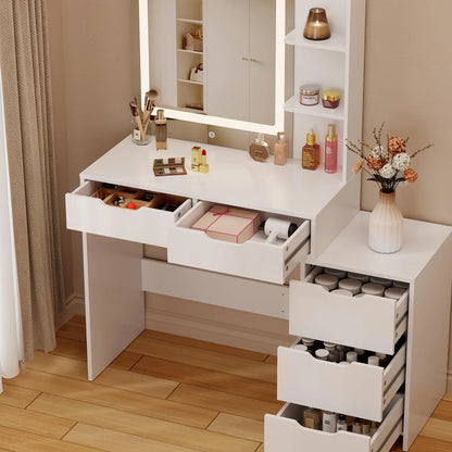 Makeup Vanity Desk with Mirror and Lights, 43.5�� Vanity Table with 5 Drawers & Storage Shelves, White