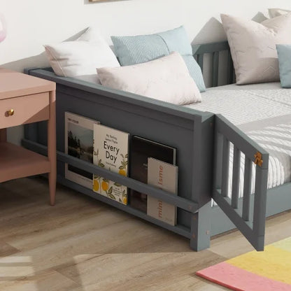 Bellemave Twin Size Floor Bed with Fence, Montessori Floor Twin Bed with Built-in Book Rack, Solid Wood Twin Bed with Slats and Safety Guardrails, Natural