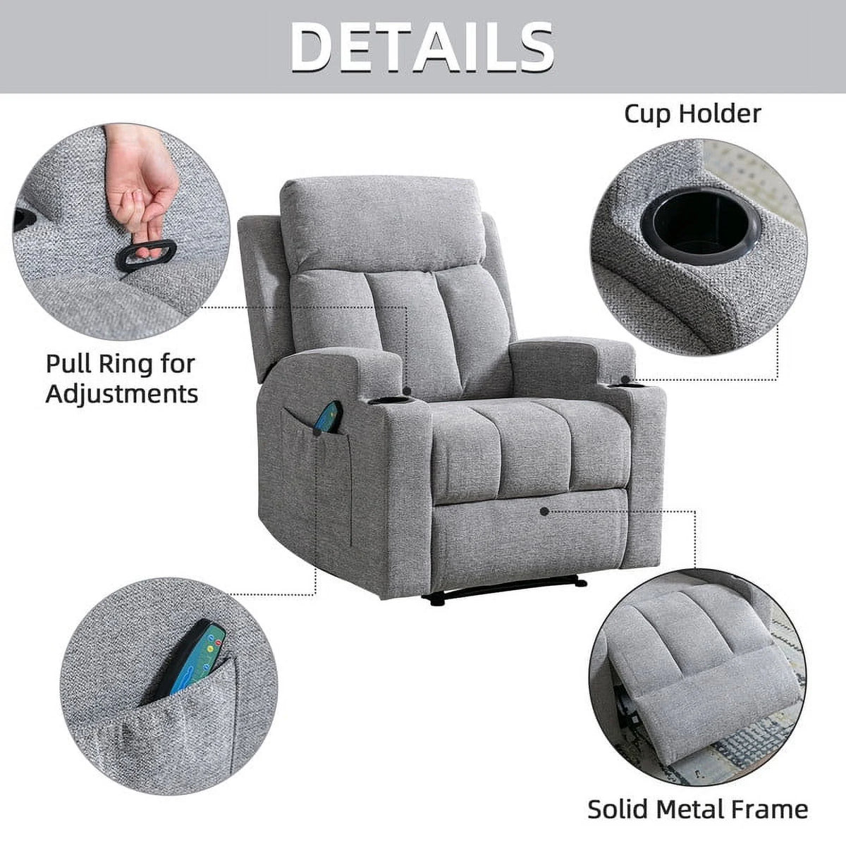 Bonzy Home Heated Manual Massage Recliner with Cup Holder Padded Breathable Fabric Recliner, Home Theater Seating��Navy