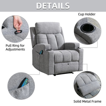Bonzy Home Heated Manual Massage Recliner with Cup Holder Padded Breathable Fabric Recliner, Home Theater Seating��Navy