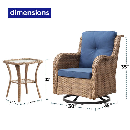 POCASSY 3 Piece Patio Set Outdoor Wicker Glider Rocking and Swivel Chairs with Cushions