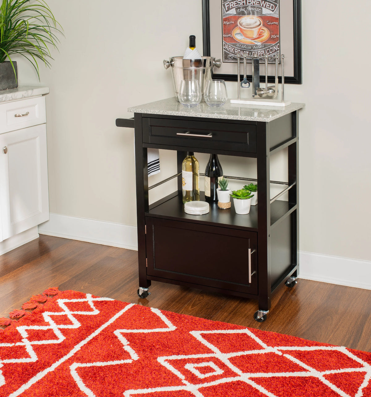 Linon Monett 2-Tier Mobile Serving Cart with Gray Granite Top, 27.75" Length, White