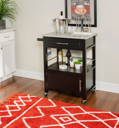 Linon Monett 2-Tier Mobile Serving Cart with Gray Granite Top, 27.75" Length, White