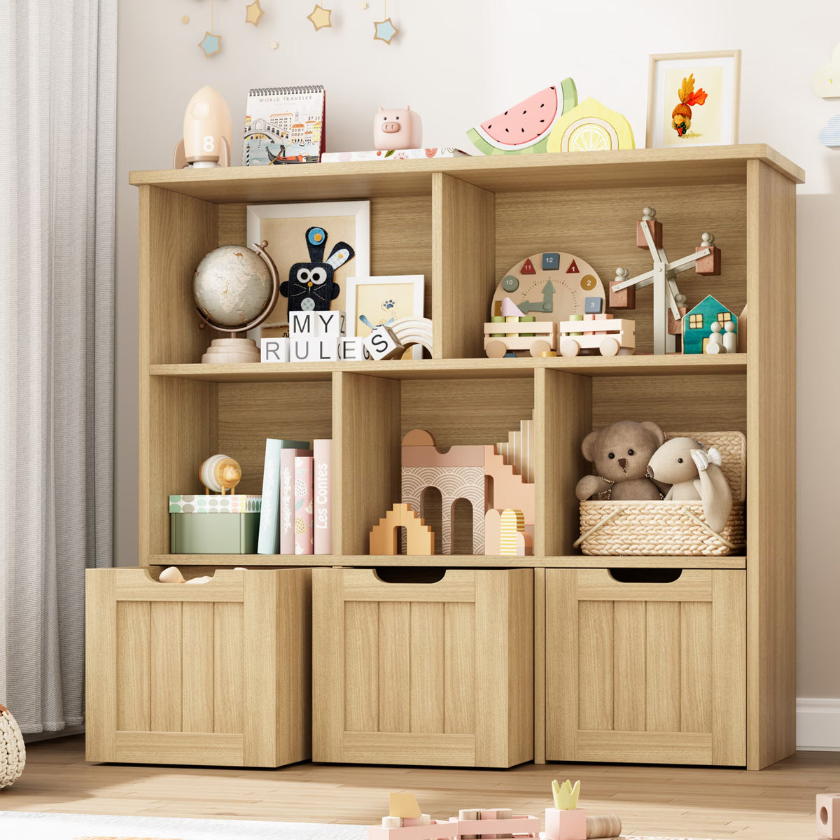 Homfa Toy Storage Organizer with 3 Movable Drawers, 5 Cube Kids Bookcase for Playroom, Storage Cabinet for Living Room, White Finish