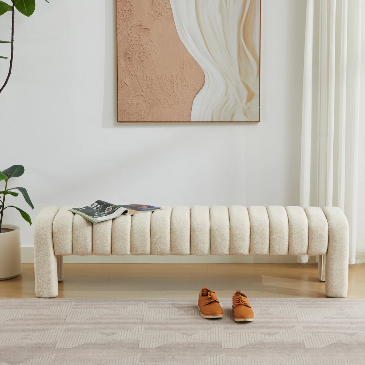Zesthouse 63�� End of Bed Bench, Linen Tufted Upholstered Ottoman Bench with Padded Seat and Solid Wood Leg, Modern Entryway Bench for Bedroom, Living Room, Beige
