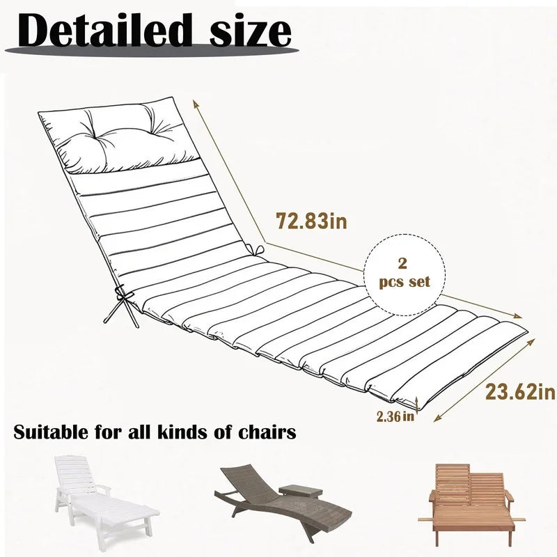 2pcs Outdoor Chaise Lounge Cushions, Waterproof Patio Foldable Chair Cushion for Garden Pool, 73 x 24in Sun Lounger Cushions for Outdoor Furniture��Navy blue��