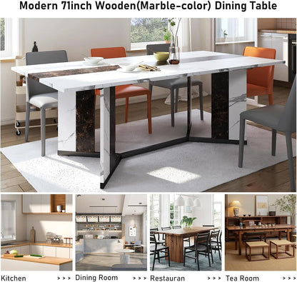 71 inch Large Rectangular Dining Table for 6-8 People, Dining Table with Marble-Color Wood Waterproof Tabletop and Adjustable Leg, 6ft Luxurious Family Dinner Table for Office Kitchen Living Room