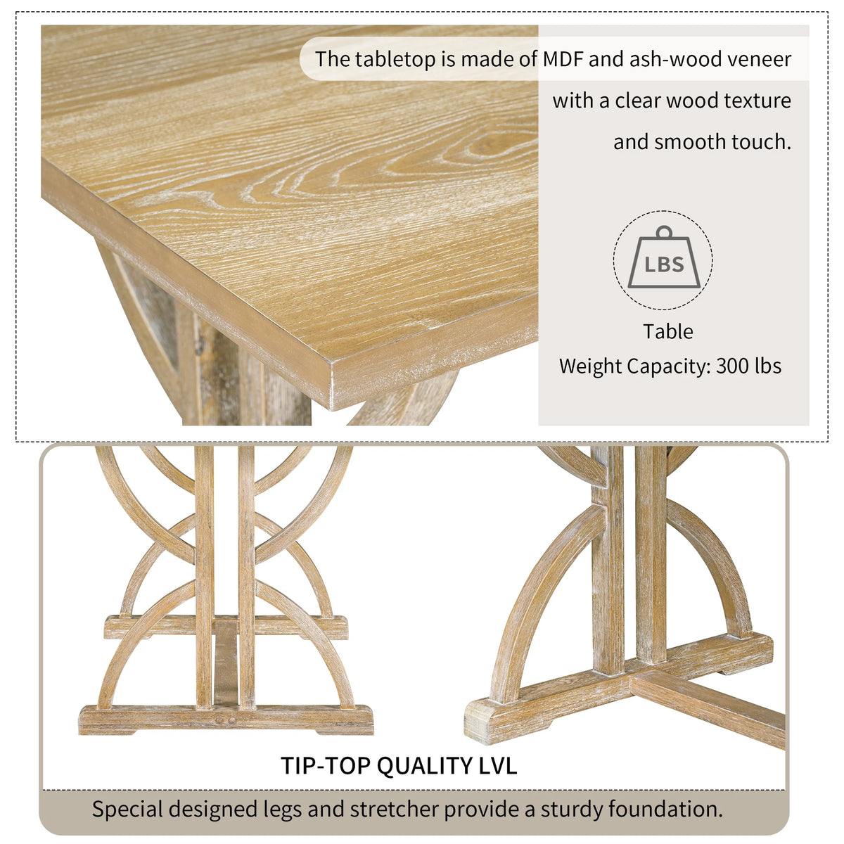 Besthome 6-Piece Retro Rectangular Dining Table Set, Table with Unique Legs and 4 Upholstered Chairs & 1 Bench for Dining Room and Kitchen (Natural Wood Wash)