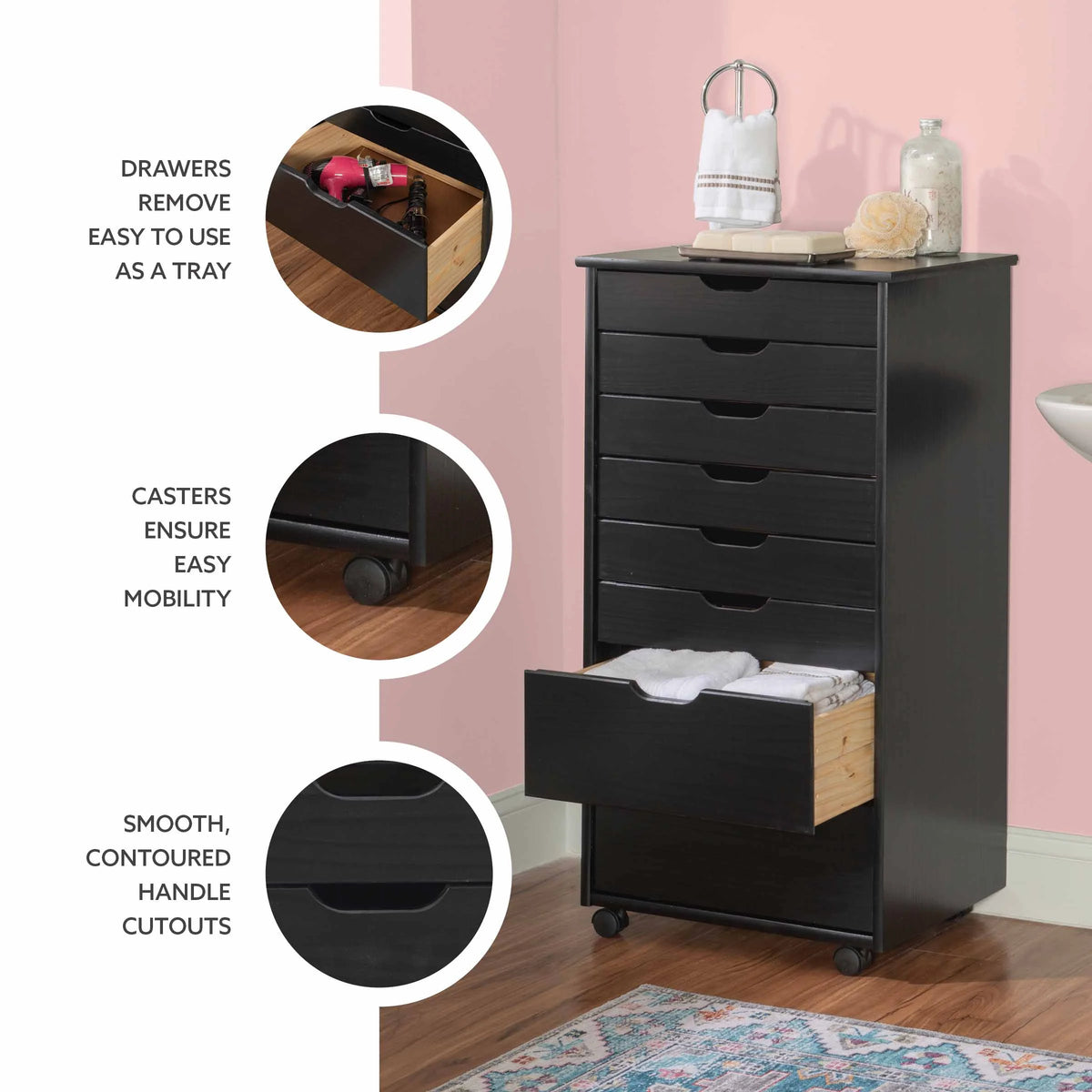 Linon Callie Eight Drawer Rolling Storage Cart in Natural Stained Wood