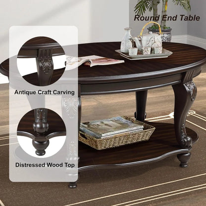 42" Oval Coffee Table with Storage Shelf, 2-Tier Solid Wood Cocktail Tea Table, Traditional Retro Center Table for Living Room, Bearing 400LBS, Cherry
