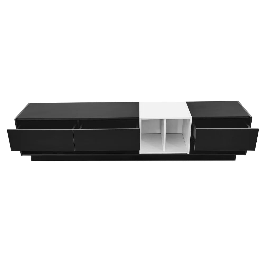 Modern TV Stand for 80 Inch TV, ON-TREND Sleek Two-Tone Media Console, Functional Storage Cabinet with Open & Hidden Compartments, Particle Board, Living Room Furniture, White