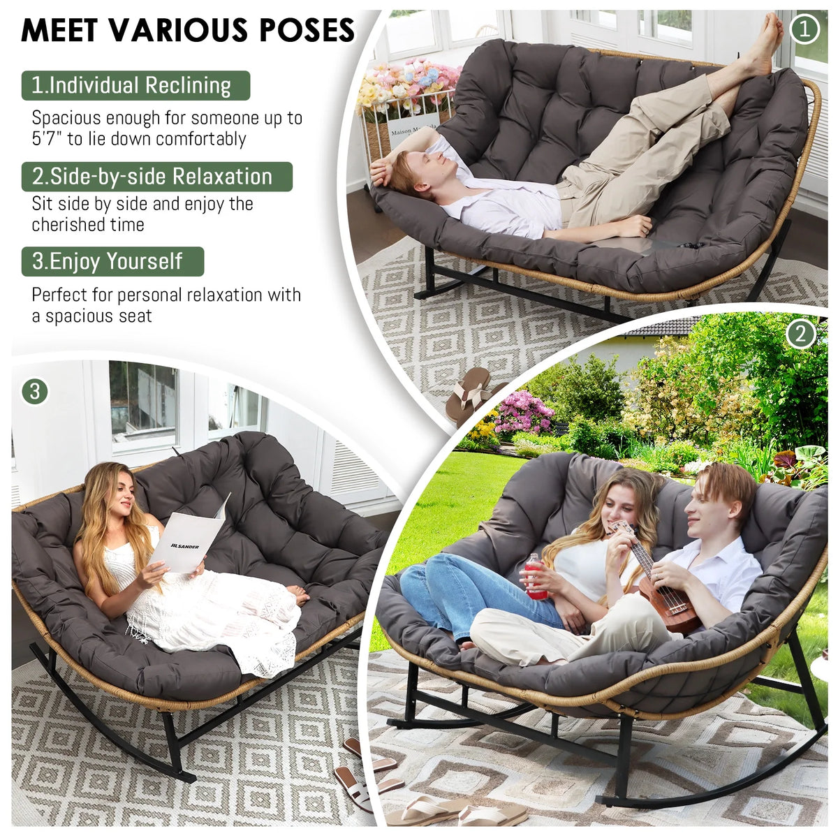 RADIATA Beige Double Outdoor Rocking Chair, 2 Person Patio Rocking Egg Chair with Thick Cushion