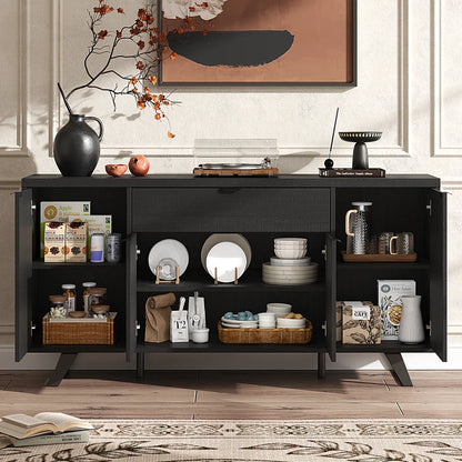 63" Sideboard Buffet Cabinet, Kitchen Buffet Storage Cabinet, Mid Century Modern Storage Cabinet with 4 Doors & Shelves, Wood Coffee Bar Console Wine Bar for Living Room, Kitchen,Hallway,Black