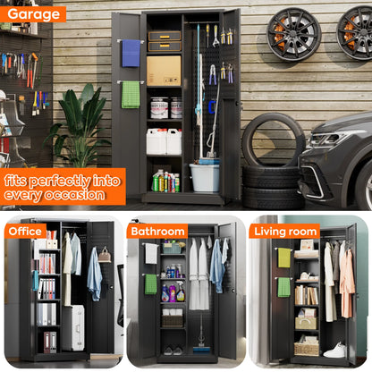 Aobabo 71.41''H Metal Garage Storage Cabinet with Lockable Doors and Hanging Rod,Broom Closet Storage Cabinet with Pegboard and Adjustable Shelves for Home Office School,Required Assembly,Black