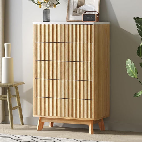 Selooye Fluted 5 Drawers Dresser, 47" Tall Modern Chest of Drawers with Faux Marble Top, Curved Profile Design, Wood Drawer Organizer for Bedroom, Living Room, Hallway, Entryway, Natural Oak