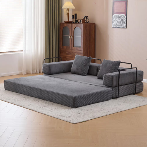 Taicans ?Convertible Floor Sofa Bed - 3 Seats Foldable Corduroy Futon Couch w/Pillow Support,Space-Saving Guest Bed for Living Room,Dorm,No Assembly Compressible Foam Mattress (Gray,76.7Inch L)