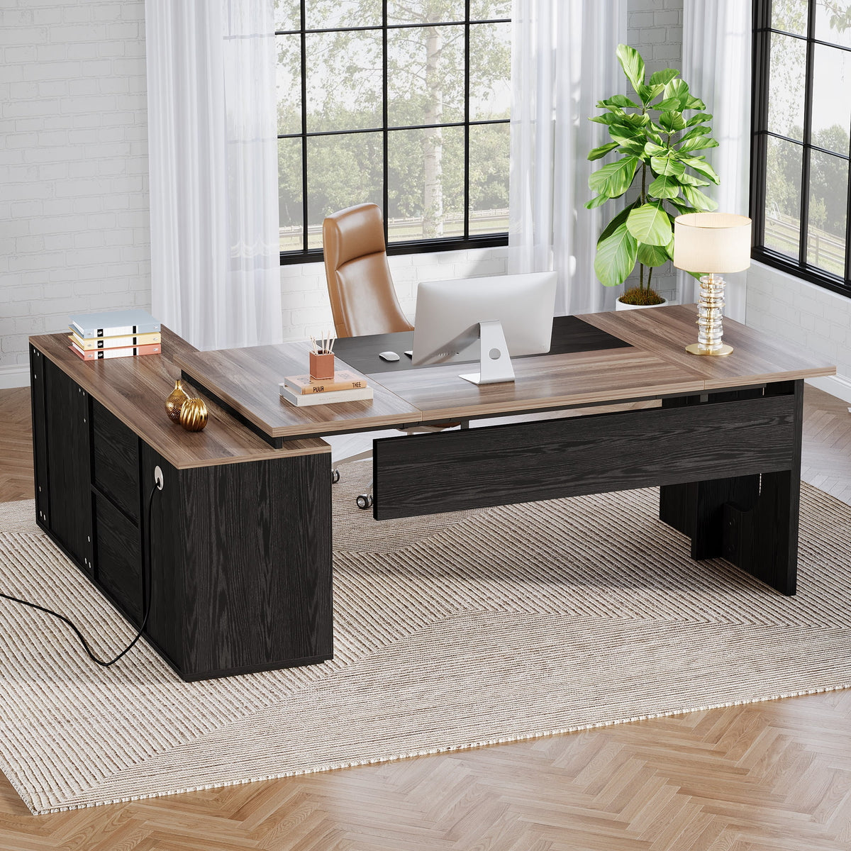 Tribesigns 74.8" Executive Desk, Large L Shaped Computer Desk Office Desk with Cabinet, White and Wood