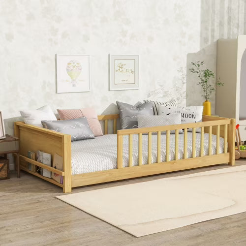 Bellemave Twin Size Floor Bed with Fence, Montessori Floor Twin Bed with Built-in Book Rack, Solid Wood Twin Bed with Slats and Safety Guardrails, Natural