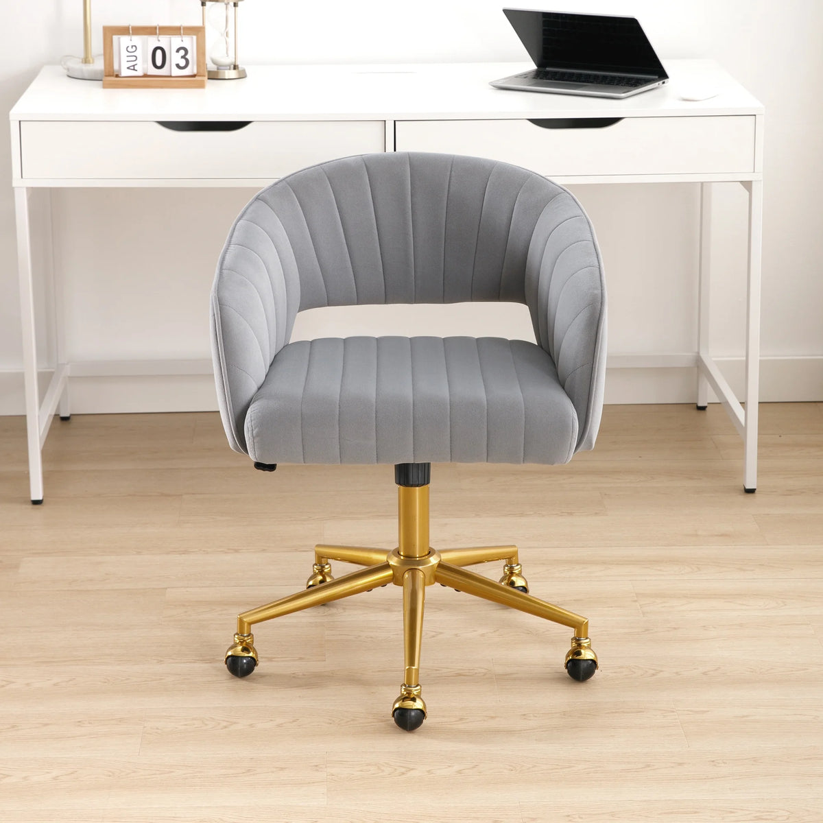 Westice Home Office Desk Chairs, Velvet Task Chair, Height Adjustable Swivel Vanity Chair with Golden Base for Vanity Study, Living Room Computer Room, Beige