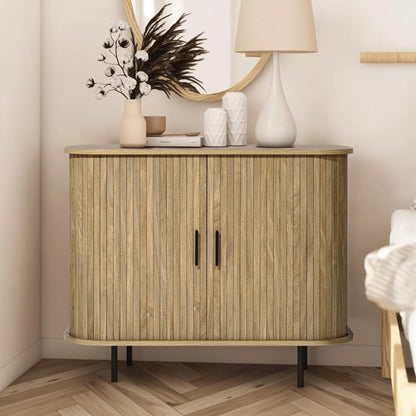 LuxenHome 35" Mid Century Modern Accent Cabinet, Small Buffet Cabinet with Sliding Door, Oak