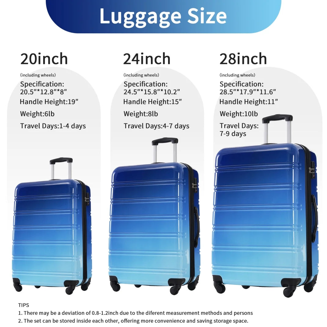 3 Piece ABS Luggage Set, Luggage with Spinner Wheel & TSA  20/24/28 inch, Purple