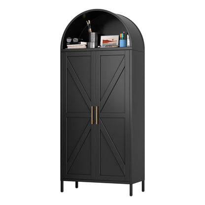 SUPEER Metal Arched Storage Display Cabinet with Glass Doors and Adjustable Shelves, Lockable Cabinet, Assembly Required, Black