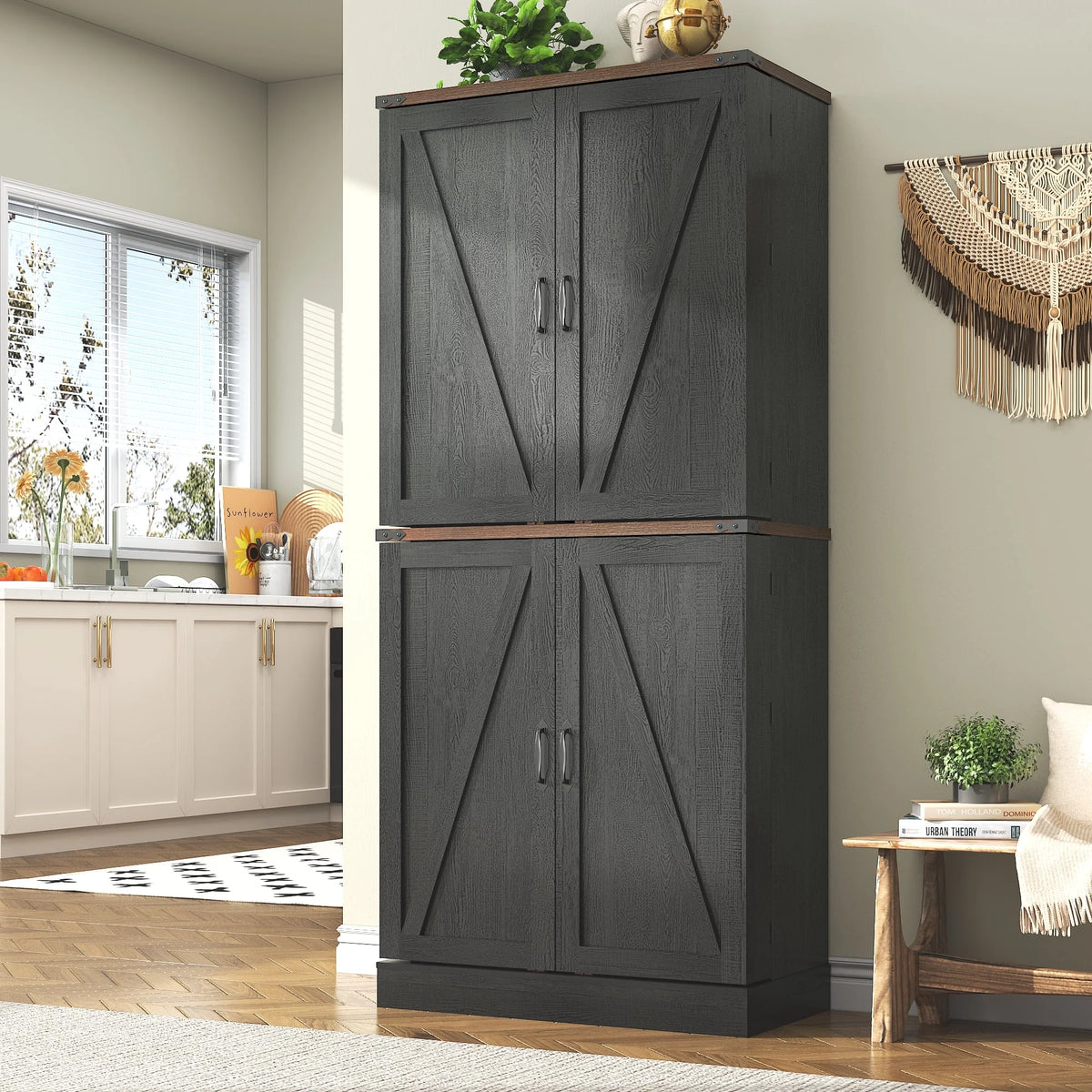 71" Tall Farmhouse Kitchen Pantry with 12 Side Shelves & Adjustable Shelves, 5 Layers Pantry Storage Cabinet w/Load-Bearing Steel Pipe & 4 Barn Doors for Kitchen, Dining Room, Living Room, Brown