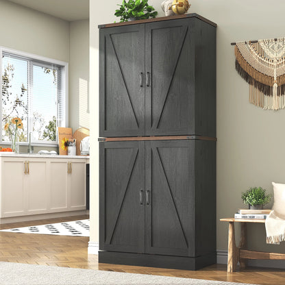71" Tall Farmhouse Kitchen Pantry with 12 Side Shelves & Adjustable Shelves, 5 Layers Pantry Storage Cabinet w/Load-Bearing Steel Pipe & 4 Barn Doors for Kitchen, Dining Room, Living Room, Brown