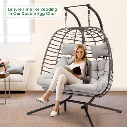 Brafab 2 Person Swing Egg Chair with Sturdy Stand and Fluffy Cushion, Large Double Hand-Woven Wicker Rattan Hanging Egg Chairs, Porch Swing Loveseat 500LBS Capacity for Indoor Outdoor, Light Grey