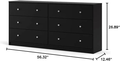 3-Pc Scandinavian Design Engineered Wood Bedroom Furniture Set with 3-Drawer Chest & 6-Drawer Double Dresser & 1-Drawer Nightstand, Pewter Plastic Handles, Smooth Plastic Glides, in Black