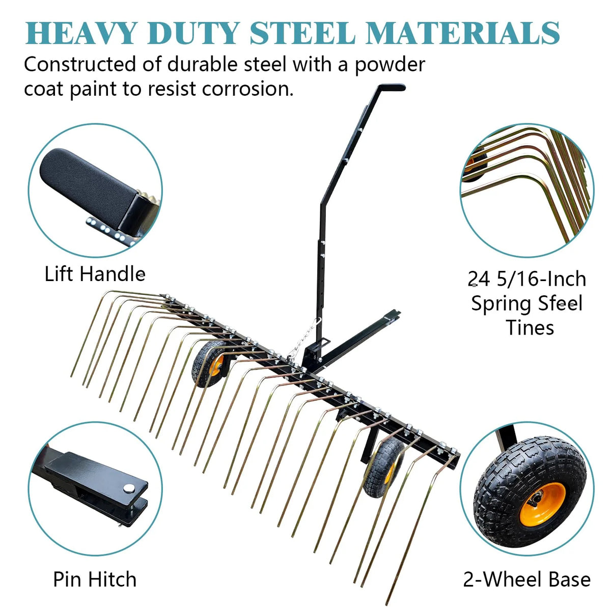 Pull Behind Rake for Riding Mower 60 Inch,Pine Straw Rake for ATV,Tow Behind Pine Needle Rake for Tractor,Tractor Rake with Lift Handle & 24 Steel Tines for Leaves,Pine Needles,Grass