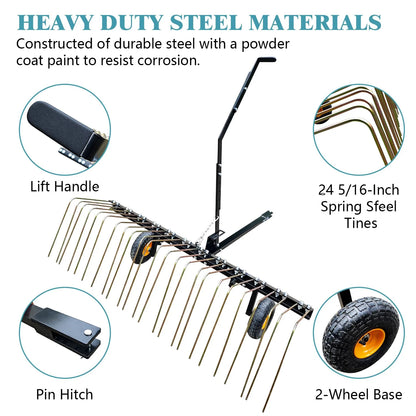 Pull Behind Rake for Riding Mower 60 Inch,Pine Straw Rake for ATV,Tow Behind Pine Needle Rake for Tractor,Tractor Rake with Lift Handle & 24 Steel Tines for Leaves,Pine Needles,Grass