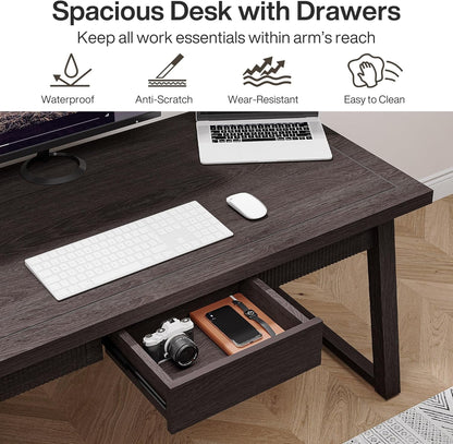 Executive Desk, 55 Inches Solid Wood Computer Desk with Drawer for Home Office