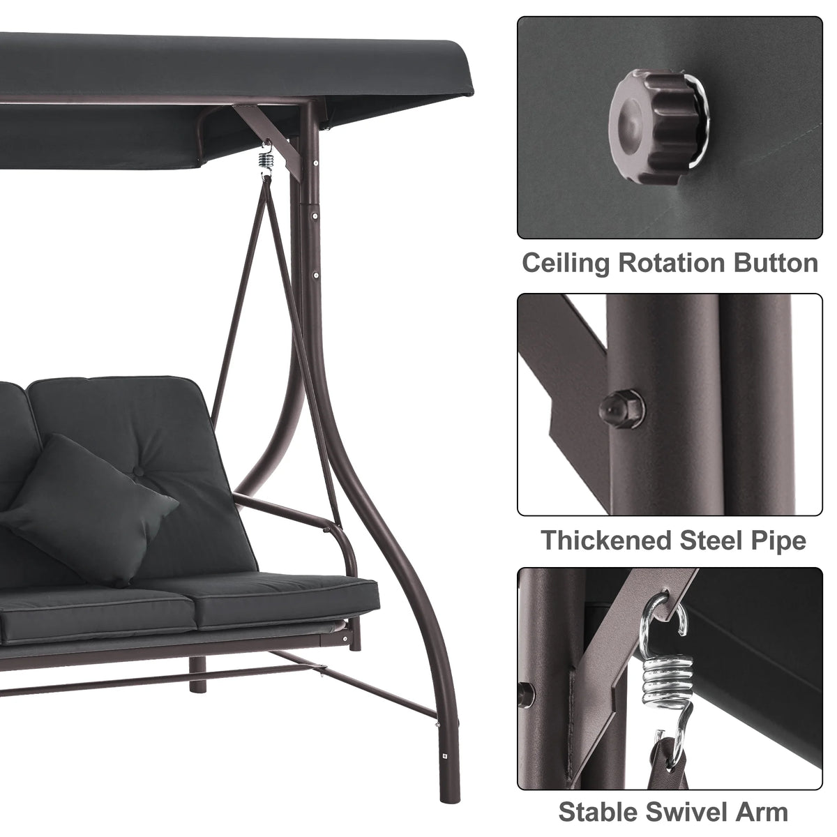 MCombo 3-Seat Outdoor Patio Swing Chair Cushioned with Adjustable Backrest and Canopy, Pillow, Brown