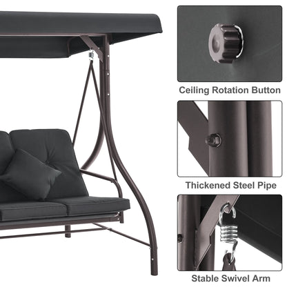 MCombo 3-Seat Outdoor Patio Swing Chair Cushioned with Adjustable Backrest and Canopy, Pillow, Brown