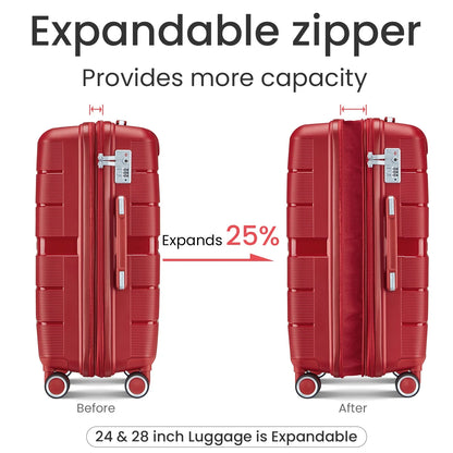4 Piece Luggage Set, Expandable Lightweight Suitcase Set, PP Materials Travel Luggage with TSA Lock Spinner Wheels, White (14/20/24/28)