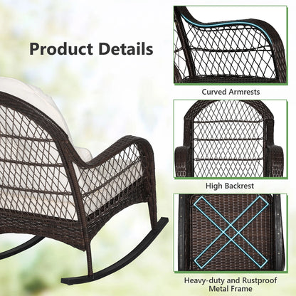 Costway Patio Wicker Rocking Chair W/Seat Back Cushions & Lumbar Pillow Porch Off White