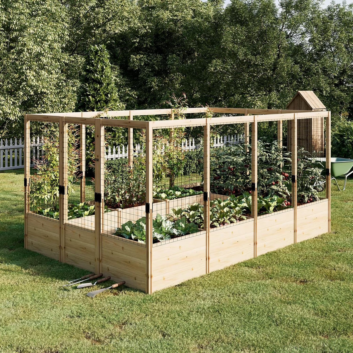 Jocisland Wooden Raised Garden Bed for Outdoor, Deep Large Planter Box with Netting for Gardening, Vegetables, Herbs��8��9��6 ft��