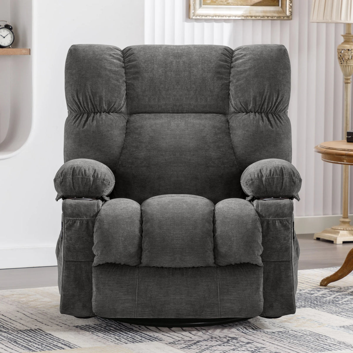 JONPONY Manual Recliner Chair with Heat Therapy and Massage Function, Heavy Duty Reclining Mechanism Massage Chair, Elderly Single Rocker Sofa with Cup Holders for Bedroom Home Theater,Grey