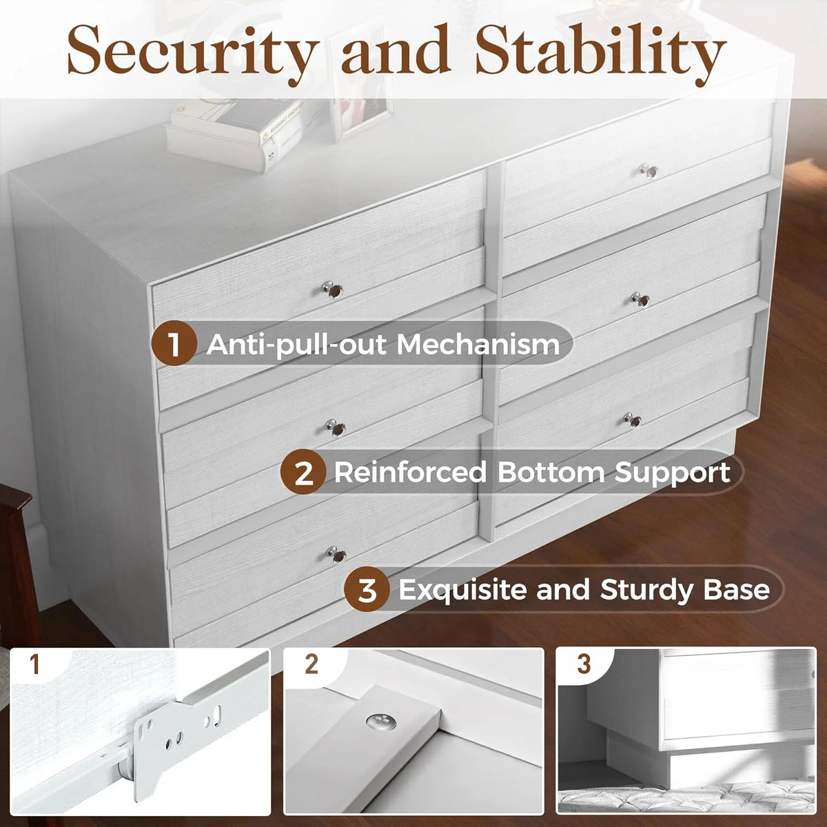 Heynemo Beige 6 Drawer Dresser, Fluted Modern Wood Chest