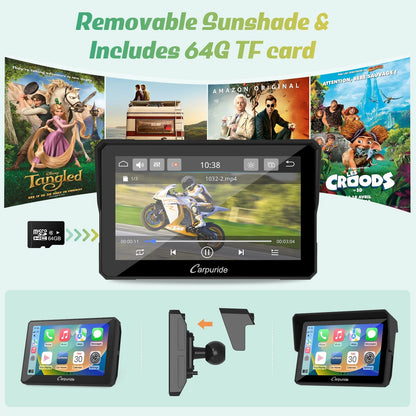 Carpuride W502 Wireless Carplay Screen Motorcycle Display Stereo Bluetooth Waterproof 5"Moto Radio