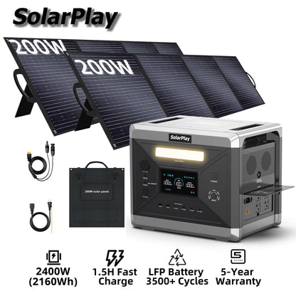 SolarPlay Portable Power Station, 2500W/2304Wh Large Capacity Solar Generator, with 400W Solar Panel, 4 AC Outlets (5000W Peak), Emergency Power Station for Home, Camping, Outdoor Battery Backup