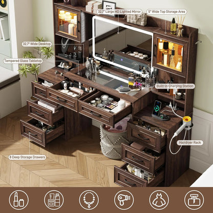 ChVans 62'' Large Vanity Desk with Tempered Glass Top & Charging Station, Farmhouse Makeup Vanity with 8 Storage Drawers & 2 LED Glass Storage Cabinets & 3 Lights Mode LED Mirror for Women Gift