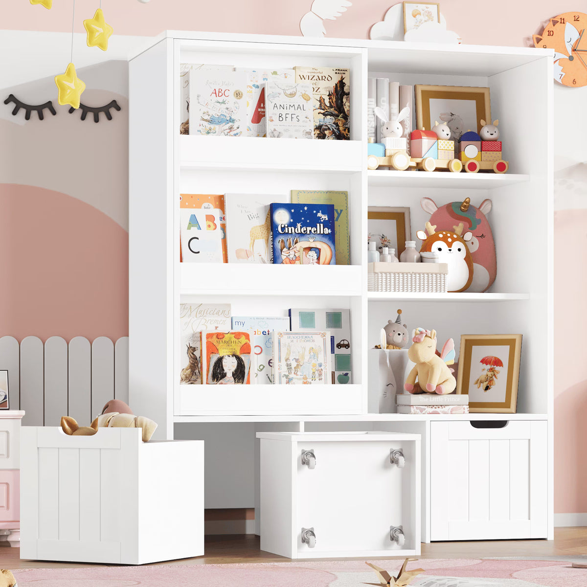 Homfa 6 Cube Toy Storage, Cube Organizer with Sliding Rack, 3 Drawer Kids Bookcase and Bookshelf, White