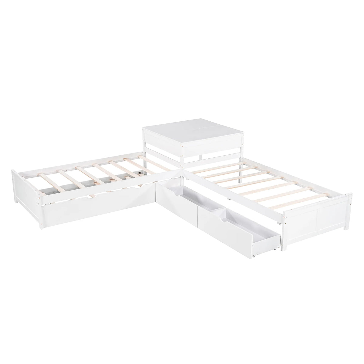 Euroco Wood Twin Size L-Shaped Platform Bed with Square Storage Table for Kids Teens, 2 Platform Beds with Trundle and Drawers for Living Room, 3 Twin Beds, Gray