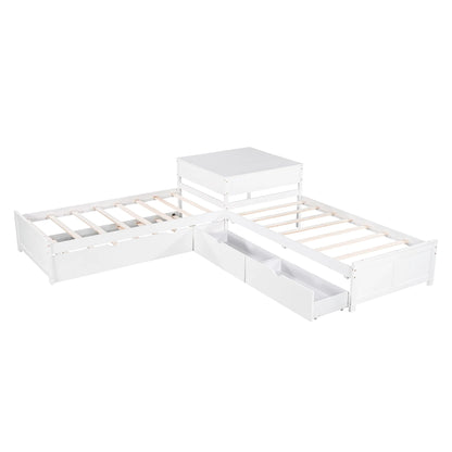 Euroco Wood Twin Size L-Shaped Platform Bed with Square Storage Table for Kids Teens, 2 Platform Beds with Trundle and Drawers for Living Room, 3 Twin Beds, Gray