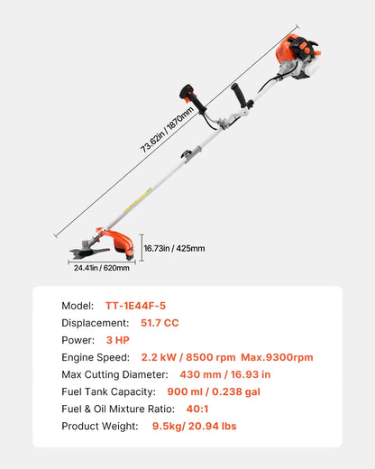 KFFKFF Grass Cutter, 51.7CC 2-Stroke, Fueled by Gas, 16.9" Wireless Lawn Trimmer, Versatile Yard Edger with Shoulder Support & 3T Blade, Plant Cutter for Efficient Lawn Maintenance