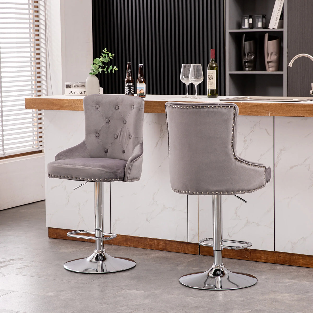Alexent  2PCS Swivel Bar Stools, High Back, Button Tufted, Silver Footrest and Nailhead Trim Swivel Bar Chairs for Kitchen, Bar Velvet Upholstered Bar Stools, Dark Blue